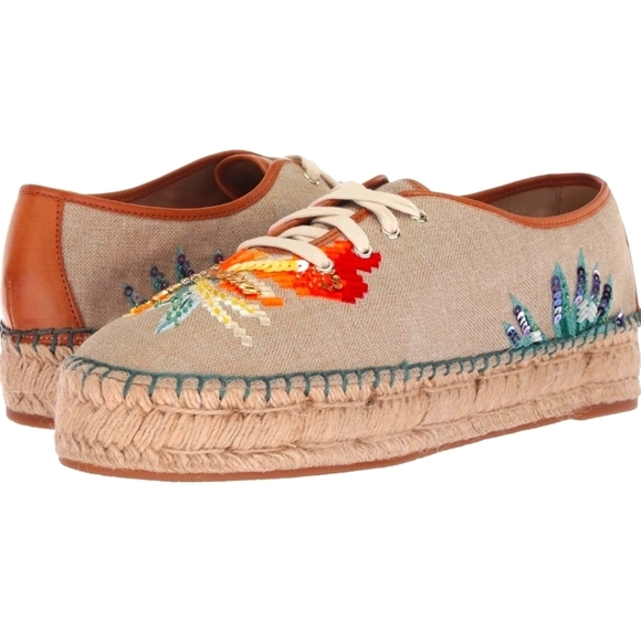 NINE WEST NATURAL GUINUP SNEAKER SEQUIN BOHO ESPADRILLE LACE UP SIZE 7 - Picture 2 of 12